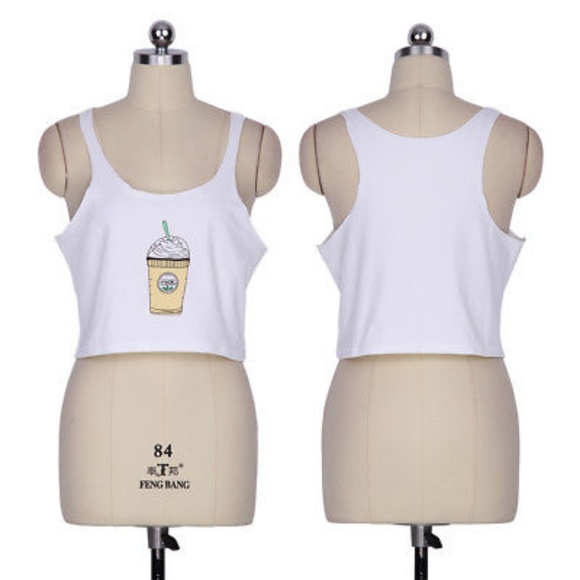 Frappuccino Coffee White Muscle Tank Top Crop Tee - Picture 5 of 7